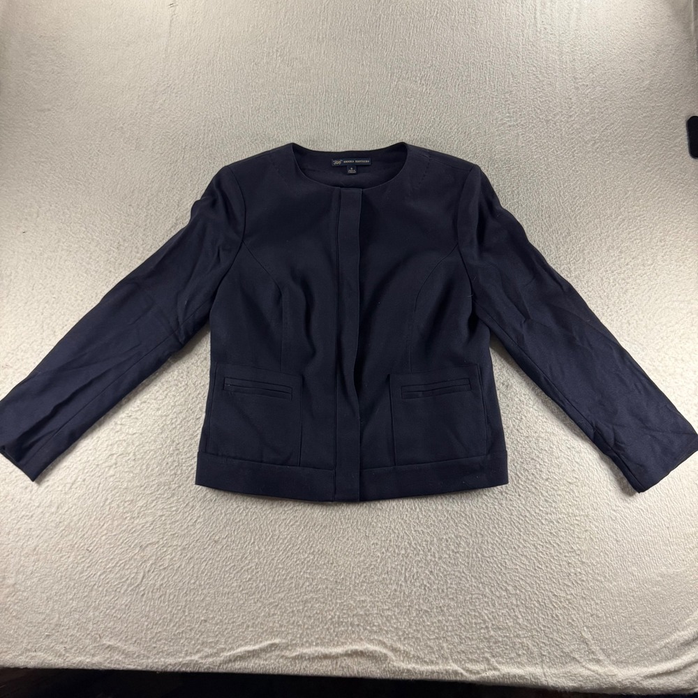 Brooks Brothers 346 Womens Navy Blue Collarless Zip Front Blazer Jacket Size 8